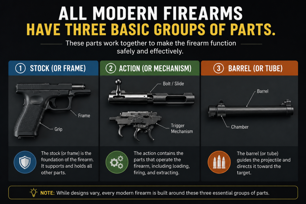 all modern firearms have three basic groups of parts. what are these parts?